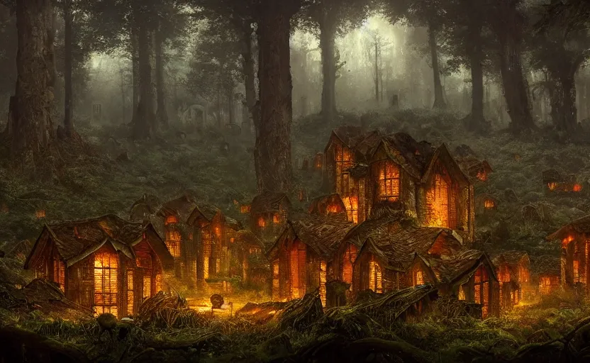 Image similar to A mushroom house close to the camera in the foreground, mushroom houses village in the distance, light coming from the windows, in a dark forest, macro, underexposed, overecast, mysterious matte painting by greg rutkowski and marc simonetti and Ivan Shishkin