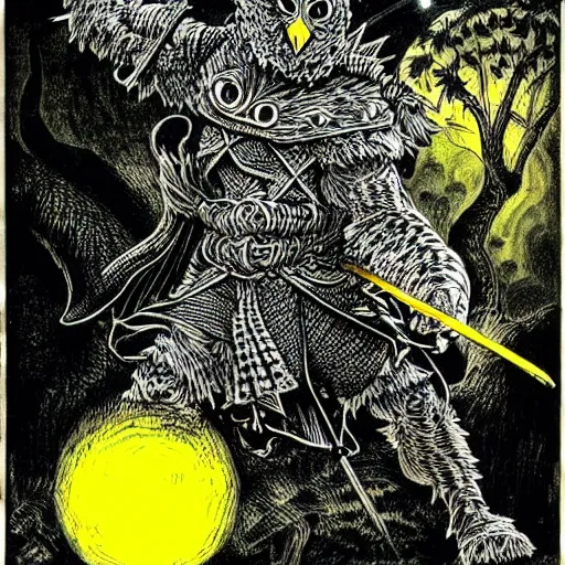 Image similar to Anthropomorphic black owl knight with yellow eyes, holding a large spear, shambling in a forest at night while twisting its head, full body shot, Intricate detail, in the style of Kentaro Miura,