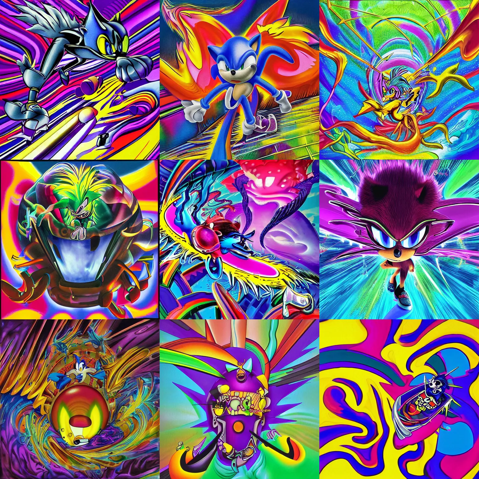 Prompt: surreal, sharp, detailed professional, high quality airbrush art MGMT album cover portrait of a liquid dissolving LSD DMT sonic the hedgehog surfing through cyberspace, purple checkerboard background, 1990s 1992 Sega Genesis video game album cover