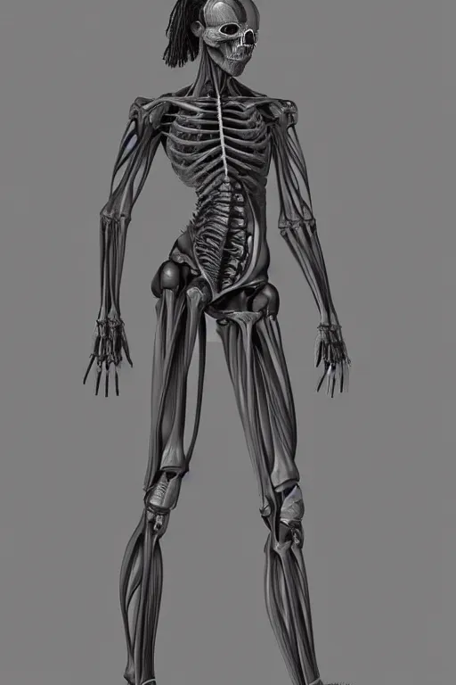 Image similar to symmetry!! full body african female anatomy concept, dreadlocks, medical anatomy, cybernetic limbs, gun metal grey, nano machine, muscular system reference, aluminum skeleton, anatomical art, digital art, in the style of amanda lilleston, luka mivsek, bryan christie, ranjit ghosh, artstation, pinterest, deviantart, photoshop, unreal engine