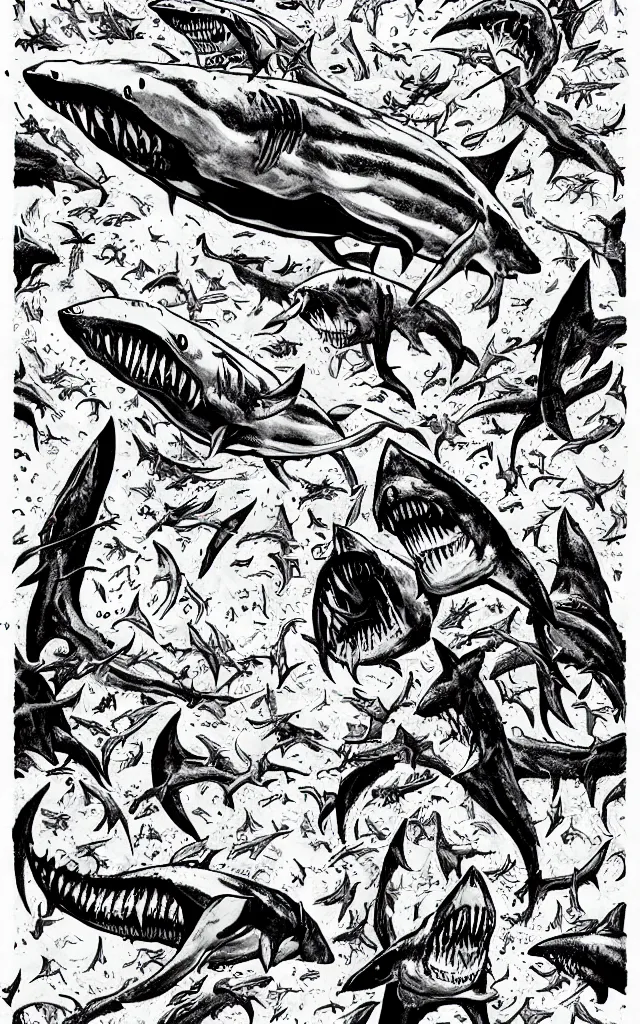 Image similar to Sharknado in the style of junji ito, horror, manga, shark, complex