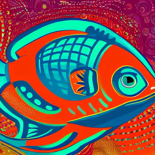 Prompt: one stylized fish with saturated colors viewed in profile in the ocean filled with very desaturated colors and complex sparkles and patterns, artstation, intricate, realistic, highly detailed, digital painting, concept art, sharp focus, illustration by tom whalen and charles williams and kilian eng and james jean