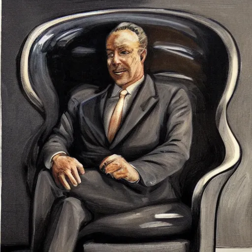 Image similar to a rich business man sitting in a big chair with a smirk, futuristic, by francisco pradilla y ortiz