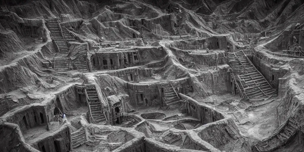 Prompt: very a deep mining pit, houses are carved into the sidewalls, long winding stairs going down, 8 k, shallow depth of field, moody lighting, ultra high detail, concept art,