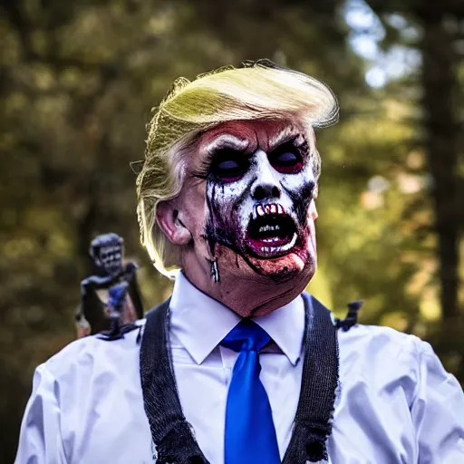 Image similar to donald trump wearing a halloween zombie costume, hyper realistic, wide shot, photography, award winning, 8 k,