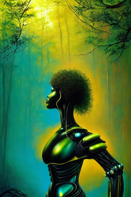 Image similar to hyperrealistic avant garde cinematic super expressive! black woman with exoskeleton armor, merging with tree in a forest, highly detailed digital art masterpiece, smooth cam de leon eric zener dramatic pearlescent soft teal yellow light, ground angle hd 8 k, sharp focus