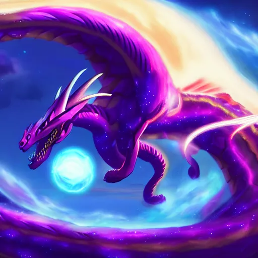 Prompt: aurelion sol dragon in the cosmos staring at the viewer, smooth digital art