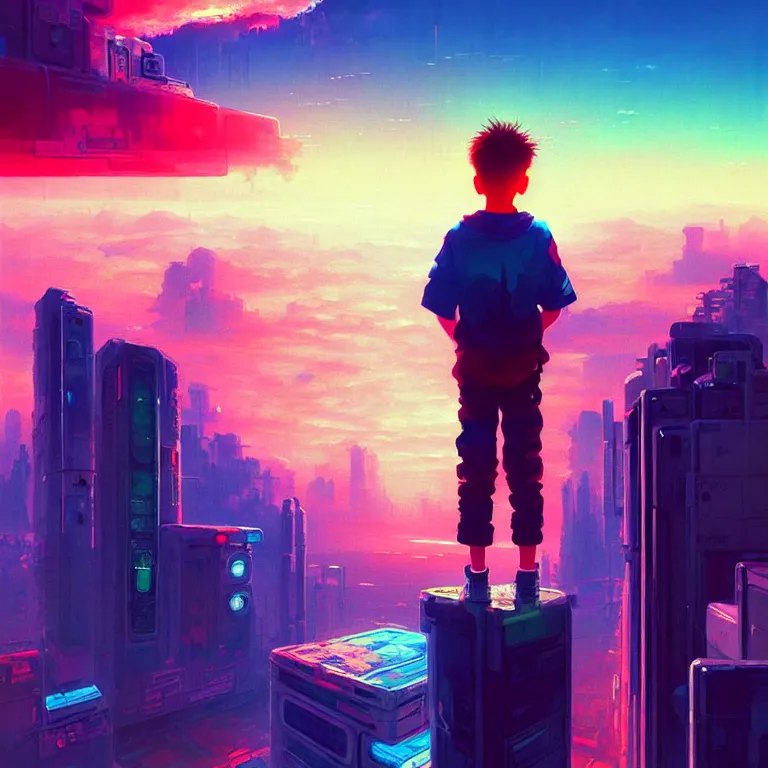 Image similar to a painting of a boy on top of a building watching a colorful sunrise futuristic city surrounded by clouds, cyberpunk art by yoshitaka amano and alena aenami, cg society contest winner, retrofuturism, matte painting, apocalypse landscape, cityscape