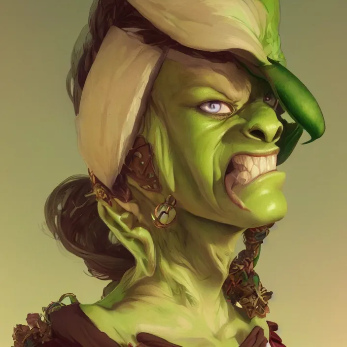 Image similar to beautiful illustrated portrait of a mischevious female green-skinned goblin alchemist, painted, 4k artwork, trending on artstation, octane render, art by artgerm and greg rutkowski and alphonse mucha and craig mullins and James Jean and Andrei Riabovitchev and Marc Simonetti and peter mohrbacher