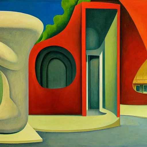 Image similar to biomorphic architecture, fantastical courtyard, grant wood, pj crook, edward hopper, oil on canvas