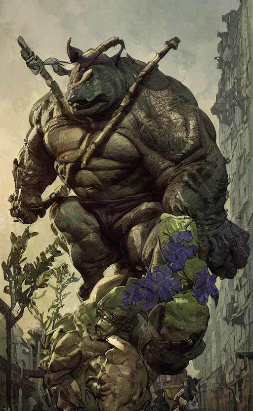 Image similar to rocksteady from tmnt, rhino, rugged, handsome, male, detailed face, clean lines, atmospheric lighting, amazing, full body, thighs, flowers, muscular, intricate, highly detailed, digital painting, deviantart, concept art, sharp focus, illustration, art by greg rutkowski and alphonse mucha