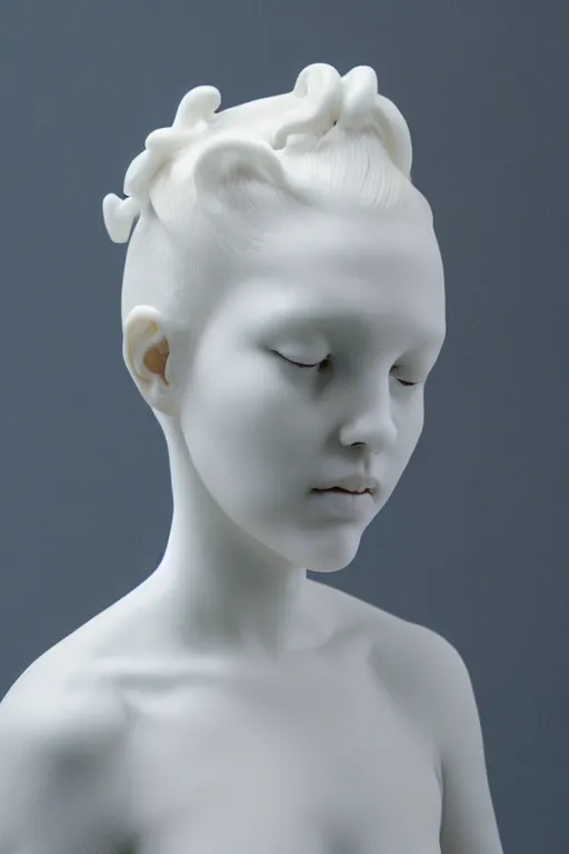 Image similar to full head and shoulders, beautiful female porcelain sculpture by daniel arsham and raoul marks, smooth, all white features on a white background, delicate facial features, white eyes, white lashes, detailed white, lots of real blue hair in a winding hairstyle on the head