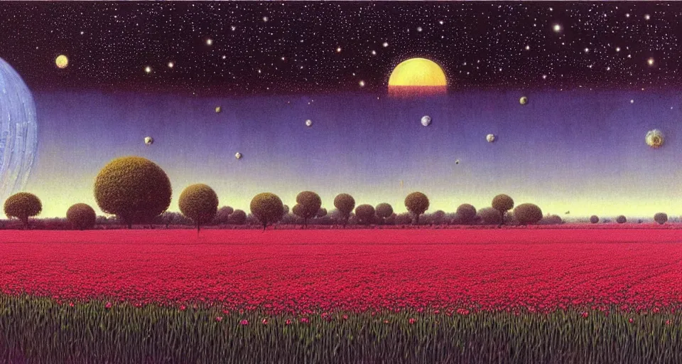 Image similar to a beautiful painting of a large perfectly cut hedge garden a field of flowers by moebius, underneath a star filled night sky, harold newton, zdzislaw beksinski, donato giancola, warm coloured, gigantic pillars and flowers, maschinen krieger, beeple, star trek, star wars, ilm, atmospheric perspective