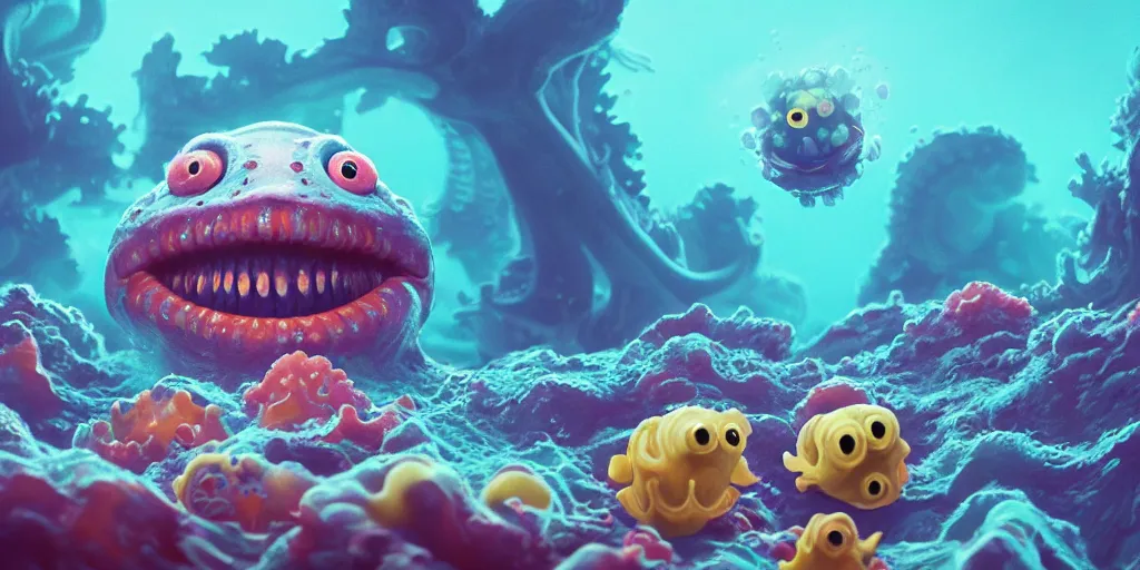 Image similar to of a colorful cloudy deep sea under water with strange cute friendly happy creatures with huge eyes, mouth, long tongue and round teeth appearing from sandy coral, in the style of gehry and gaudi, macro lens, shallow depth of field, highly detailed, digital painting, trending artstation, concept art, illustration, cinematic lighting, photorealism, epic, octane render