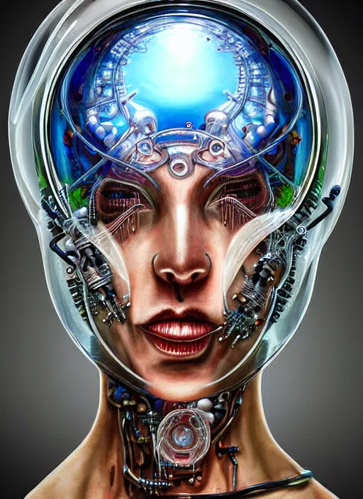Prompt: biopunk cyborg portrait by julie bell, intricate biopunk patterns, glass bubble helmet, underwater, detailed!, very sharp!!!