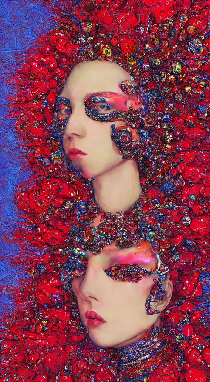 Image similar to a female character design wearing psychedelic high fashion, a red sequined bodysuit, beads hanging over her face like an alexander mcqueen headdress, costume by eiko ishioka, haute couture, dior, and a red cape by moebius, steven outram, colorful and psychedelic, hd, 8 k, artstation, high quality, ultra detailed