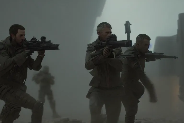 Image similar to vfx film, blade runner 2 0 4 9 futuristic soldiers shoot at enemy robots futuristic war, battlefield, war zone, shootout, dilapidated city ruins, running, shooting, explosion, battlefront, leaping, flat color profile low - key lighting award winning photography arri alexa cinematography, big crowd, hyper real photorealistic cinematic beautiful, atmospheric cool colorgrade