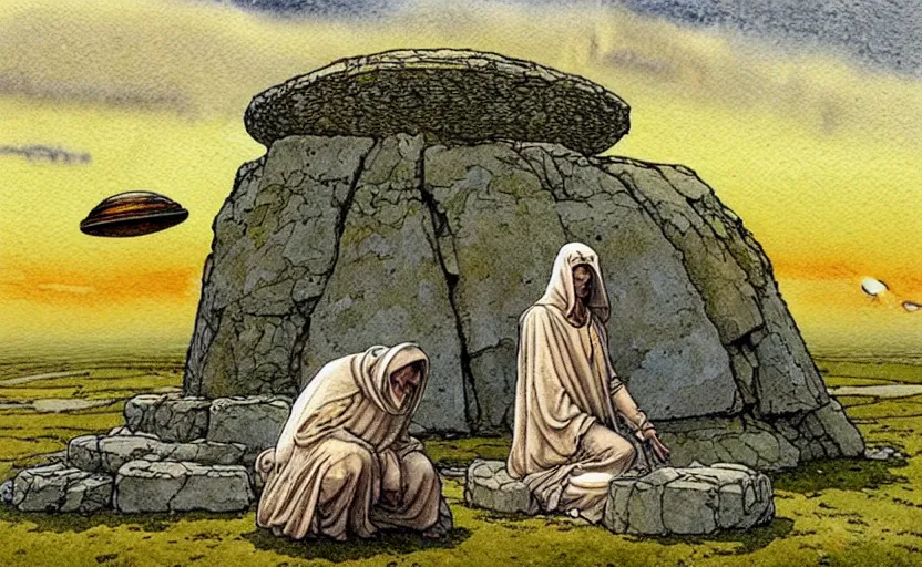 Image similar to a realistic and atmospheric watercolour fantasy concept art of a golden ufo landing on top of stonehenge. female medieval monk in grey robes kneeling with her hands by her sides. by rebecca guay, michael kaluta, charles vess and jean moebius giraud