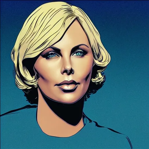 Image similar to “ charlize theron retro minimalist portrait, moebius starwatcher, by jean giraud, 8 k ”