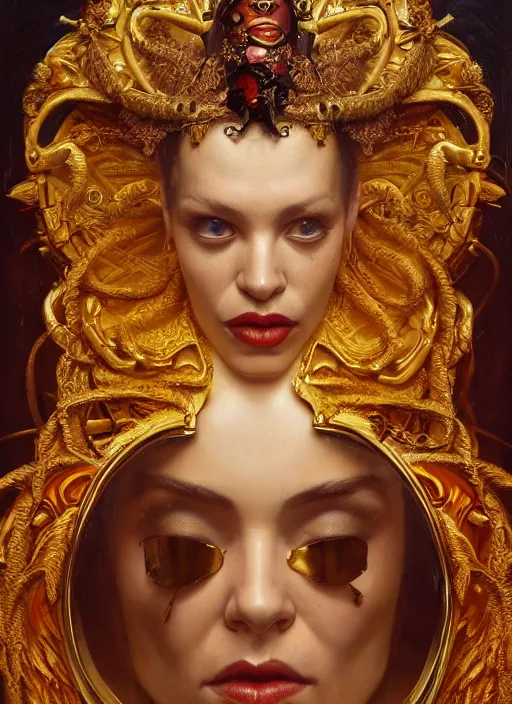 Image similar to highly detailed oil painting | very intricate | cinematic lighting | award - winning | golden baroque tiki mask fashion by alexander mcqueen | by roberto ferri, by tom bagshaw, by j. c. leyendecker and klimt, american romanticism, by austin osman spare, artstation, cgsociety, official art, octane