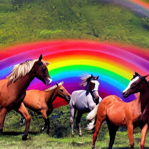 Prompt: a huge group of horses puking rainbows