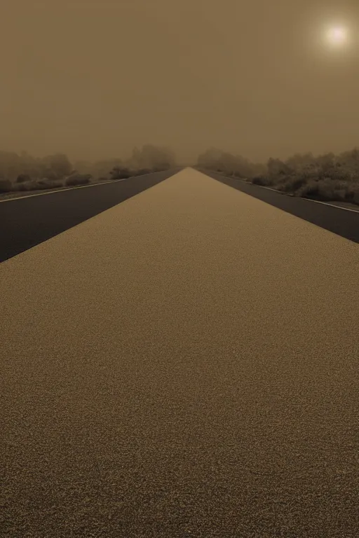 Prompt: sepia photo of a road with no end, dust smog in background, photorealistic, tonemapped