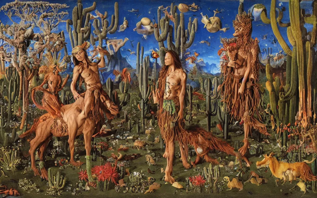 Prompt: photograph of a meditating centaur shaman and a flayed werewolf feeding animals. surrounded by bulbous flowers, animals and a few trees and cacti. river delta with cliffs under a blue sky of burning stars. painted by jan van eyck, max ernst, ernst haeckel, ernst fuchs and artgerm, trending on cgsociety