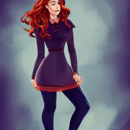 Prompt: a portrait of a young woman with auburn hair, full length, velvet stockings, bra, smart, rich, traveling clothes, artist, artistic, shallan davar, blue eyes, beautiful, smiling, thick hair, dnd, rpg, shy, quick witted, artgerm style