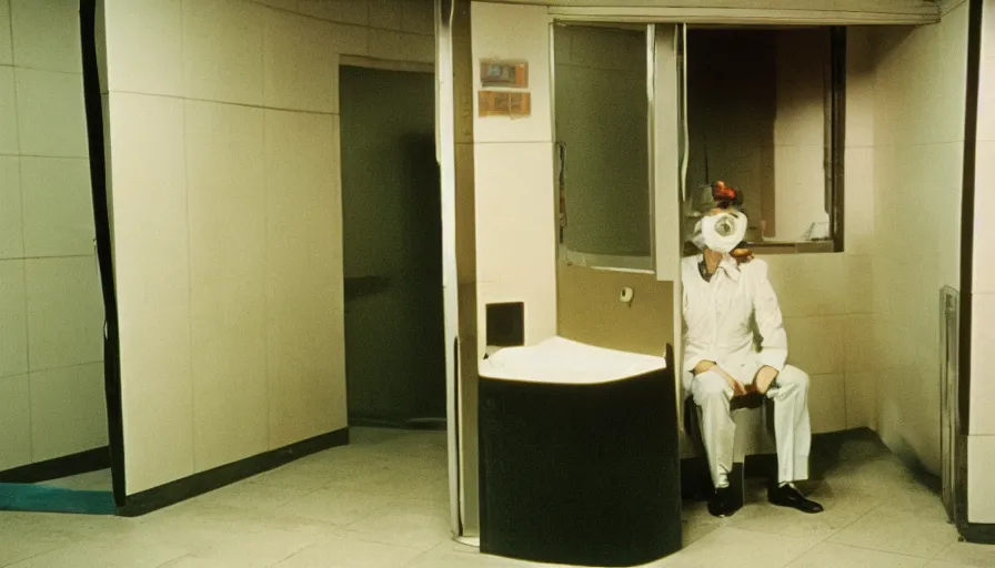 Image similar to 60s movie still of one bloody man in empty public toilets, cinestill 800t 50mm eastmancolor, liminal Space style, heavy grain-s 150