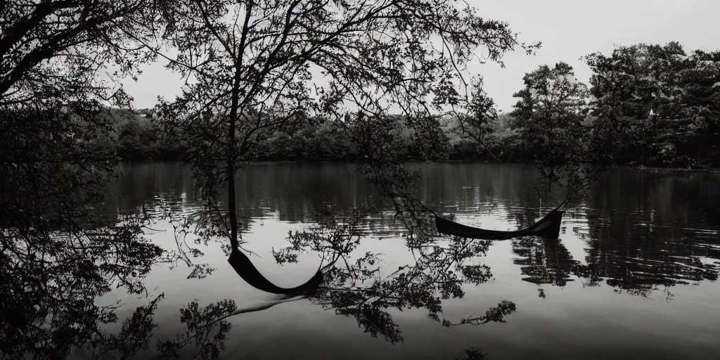 Image similar to symmetrical photograph of an long rope floating on the surface of the water, the rope is snaking from the foreground towards the center of the lake, a dark lake on a cloudy day, trees in the background, moody scene, dreamy kodak color stock, anamorphic lens