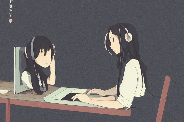 Prompt: rendered ilustration of a japanese anime traditional lo - fi girl in her room wearing headphones and working in her laptop loop, cat, moody neutral hipster tones, joy gaze, cel - shaded, classical animation, cinematic, edge - to - edge print, rendered by studio ghibli, artgerm, alyssa monks, andreas rocha, david kassan, neil blevins