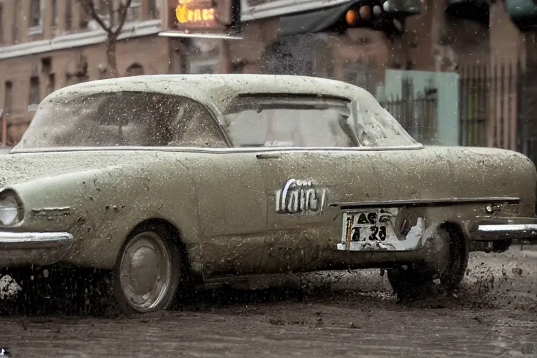 Prompt: street photography by saul leiter, in a muddy chicago high quality street, award winning photo of an ultra detailed dirty high quality vintage car speeding very fast on mud, fast shutter speed, motion blur, tiny gaussian blur, highly detailed, highly intricate, depth of field, trending on top gear