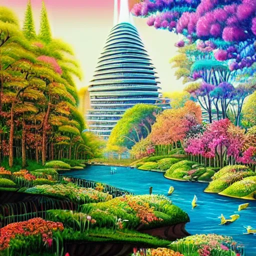 Image similar to Beautiful city of the future in harmony with nature. Nice colour scheme, cool. Beautiful detailed painting by Lurid. (2022)