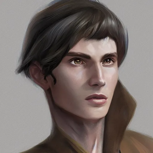 Prompt: realistic portrait, 25 years old man :: athletic fantasy mage :: green eyes, shoulderlong brown hair :: wearing a brown robe :: high detail, digital art, RPG, concept art, illustration