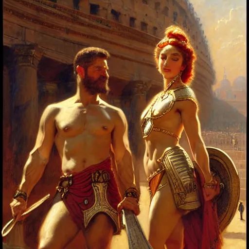 Image similar to gladiators in the coliseum. highly detailed painting by gaston bussiere, craig mullins, j. c. leyendecker 8 k