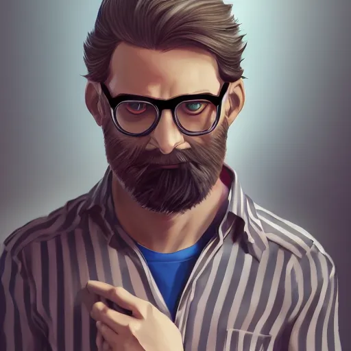 Prompt: Man in his 30s, dark blond and salt-and-pepper hair with a beard, thick dark glasses, blue eyes, big nose, wearing stripe shirt, jean and multicolor shoes, digital painting, 4k, anime key visual, artstation, kuvshinov ilya