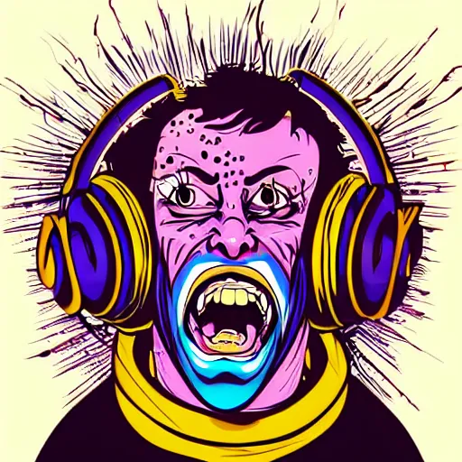 Image similar to artgerm, psychedelic laughing demon, rocking out, headphones dj rave, digital artwork, r. crumb, svg vector