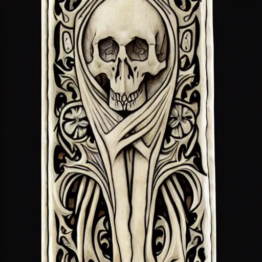 Image similar to memento mori detailed art nouveau bone carving by arthur rackham, gothic, intricately carved antique bone, skulls