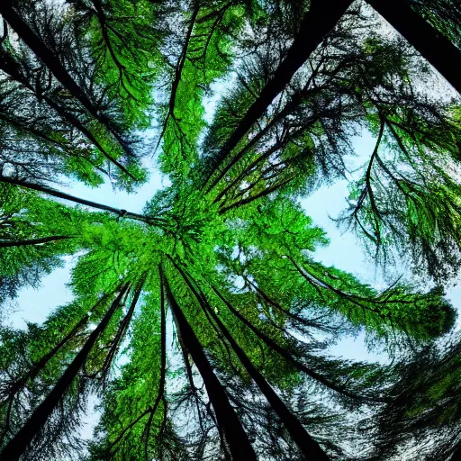 Prompt: looking up at the tops of trees in a forest, an ultrafine detailed painting by ( ( ( jon coffelt ) ) ), shutterstock contest winner, generative art, multiple exposure, fisheye lens, high dynamic range