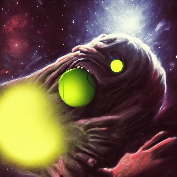 Image similar to cinematic portrait of a cute tennis ball monster in the abyss of space, chalk, masterpiece, trending on artstation, featured on pixiv, cinematic composition, dramatic pose, beautiful lighting, sharp details, hyper-detailed, HD, HDR, 4K, 8K, art by Basil Gogos