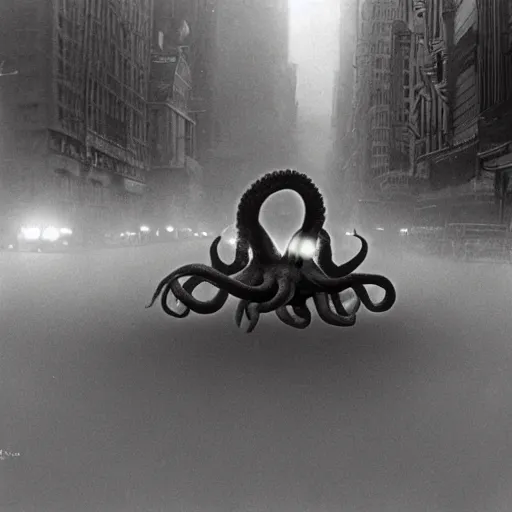 Image similar to old black and white photo, 1 9 1 3, depicting a giant alien dieselpunk octopus rampaging through the bustling streets of new york city, historical record, volumetric fog