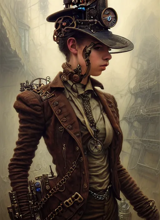 Prompt: portrait shot of steampunk teenager in a scenic dystopian environment, intricate, elegant, highly detailed, centered, digital painting, artstation, concept art, smooth, sharp focus, illustration, artgerm, tomasz alen kopera, peter mohrbacher, donato giancola, joseph christian leyendecker, wlop, boris vallejo