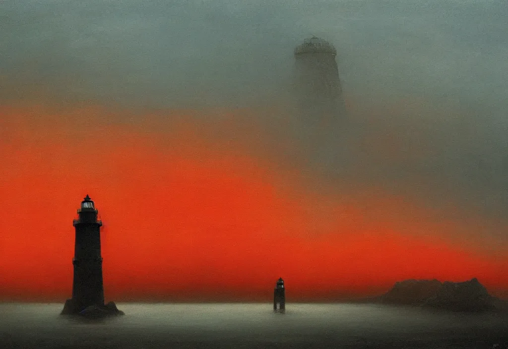 Prompt: ! dream landscape oil painting of a pure black lighthouse emitting blue light, dynamic lighting, sad black and red sky with blue clouds, hopeless emotions, by beksinski, sharp focus, artstation hq