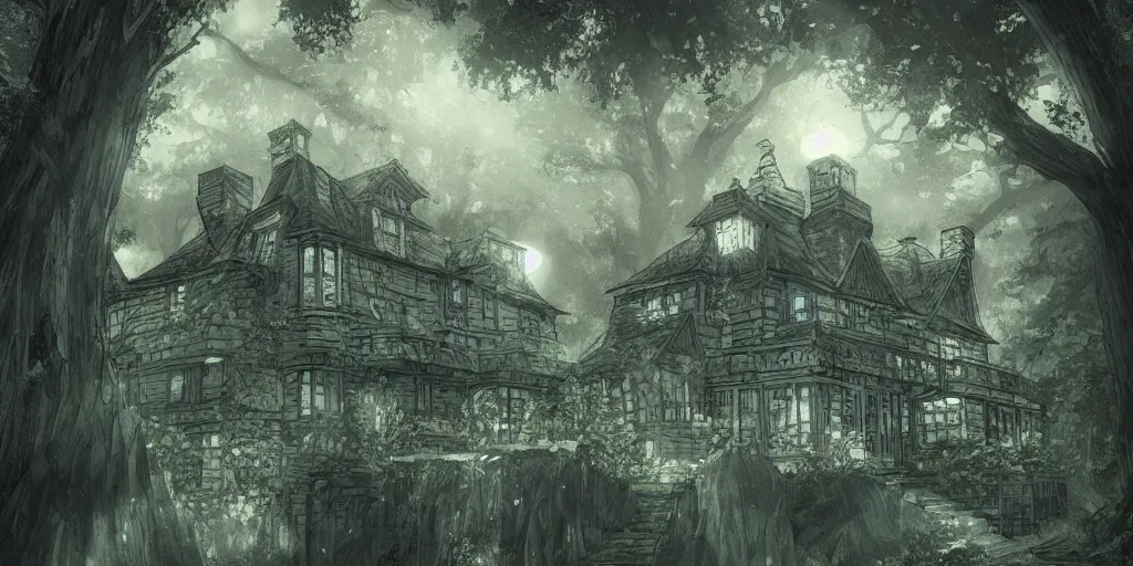 Prompt: manor in the middle of the forest, at night, no light, artstation, detailled, manga!!!, fantasy