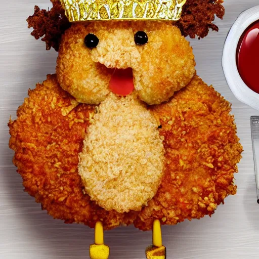 Image similar to standing breaded chicken with a crown of a king in top of it, holding a king staff, hyper realistic, 4k