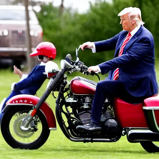 Image similar to donald trump and joe biden riding a motorcycle