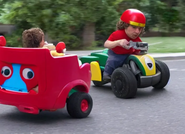 Image similar to peter dinklage mad driving a little tikes car, movie still, from the new fast and furious movie, 8 k, realistic