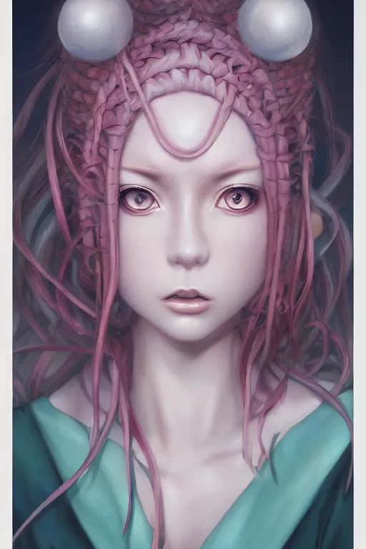 Prompt: portrait of an anime manga girl with white snake dreads, straight on portrait, by artgerm, james jean, tom bagshaw, gerald brom, vaporwave colors, lofi colors, vaporwave, lofi, goth vibe, 4 k, smooth, hd, substance designer render, full body character concept art, symmetrical,