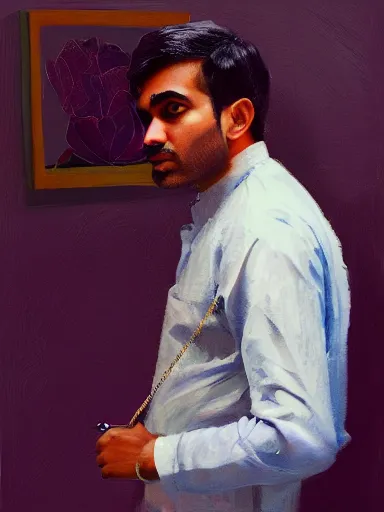 Image similar to artwork by saul leiter, of a solo individual portrait of an indian guy with lilies and roses, dapper, simple illustration, domestic, nostalgic, full of details, matte painting, trending on artstation and unreal engine