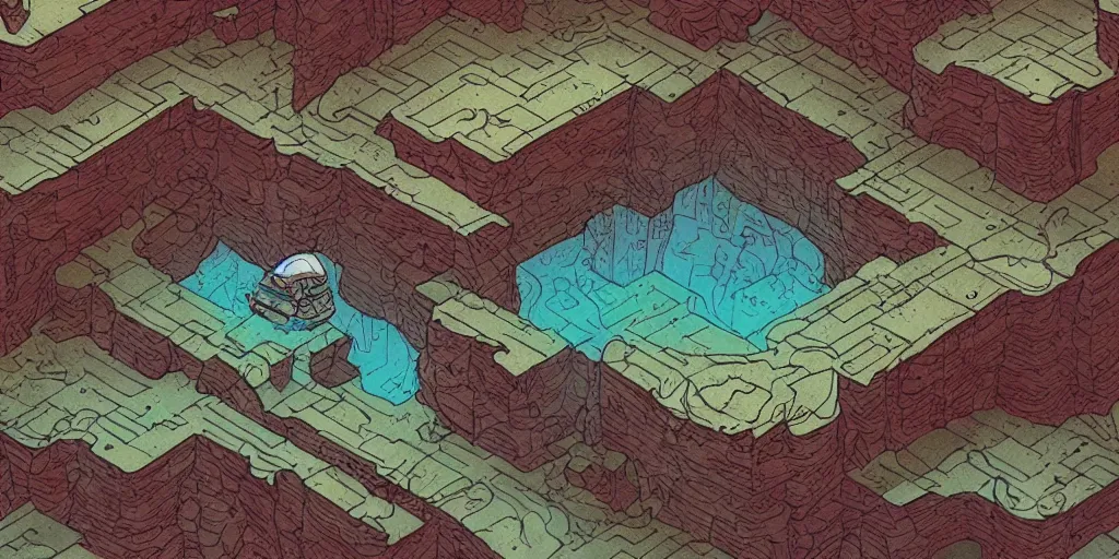 Image similar to isometric science fiction art of a rocky landscape. isometric perspective. science fiction art. alien world. moebius